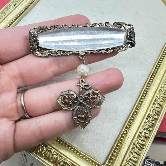 Vintage Victorian Bar Dangling Pearl Charm Gold Brooch Victorian Revival Pin - Picture 1 of 4